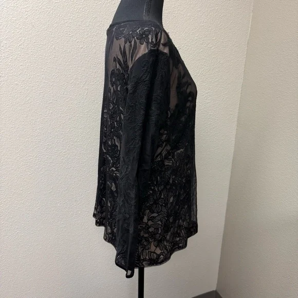 NIC+ZOE Black Lace Sheer Floral Mesh Blouse Long Sleeve Romantic Top XL - Picture 6 of 10